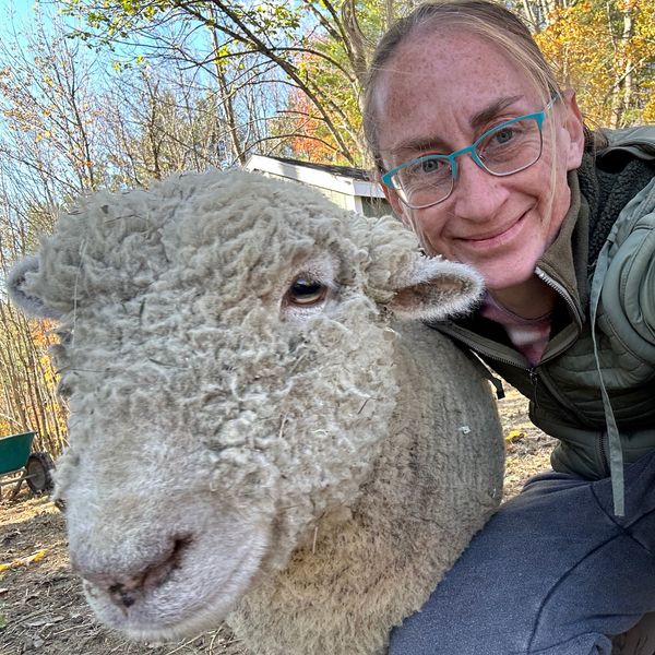 Cara with a white babydoll sheep